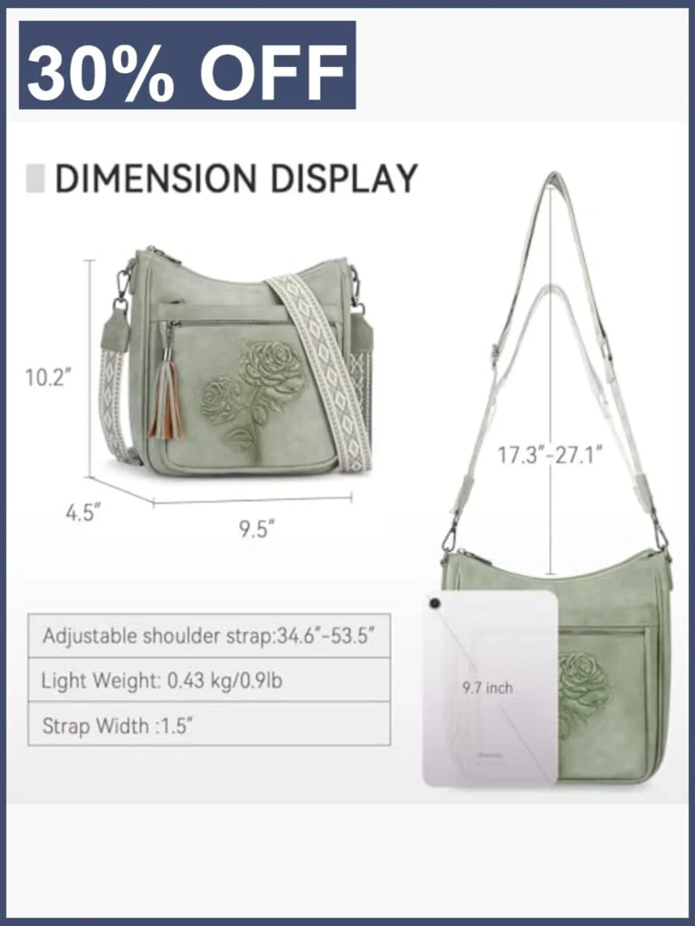 Vegan Leather Hobo Crossbody Bag - Embossed Floral, Adjustable Strap, Multi